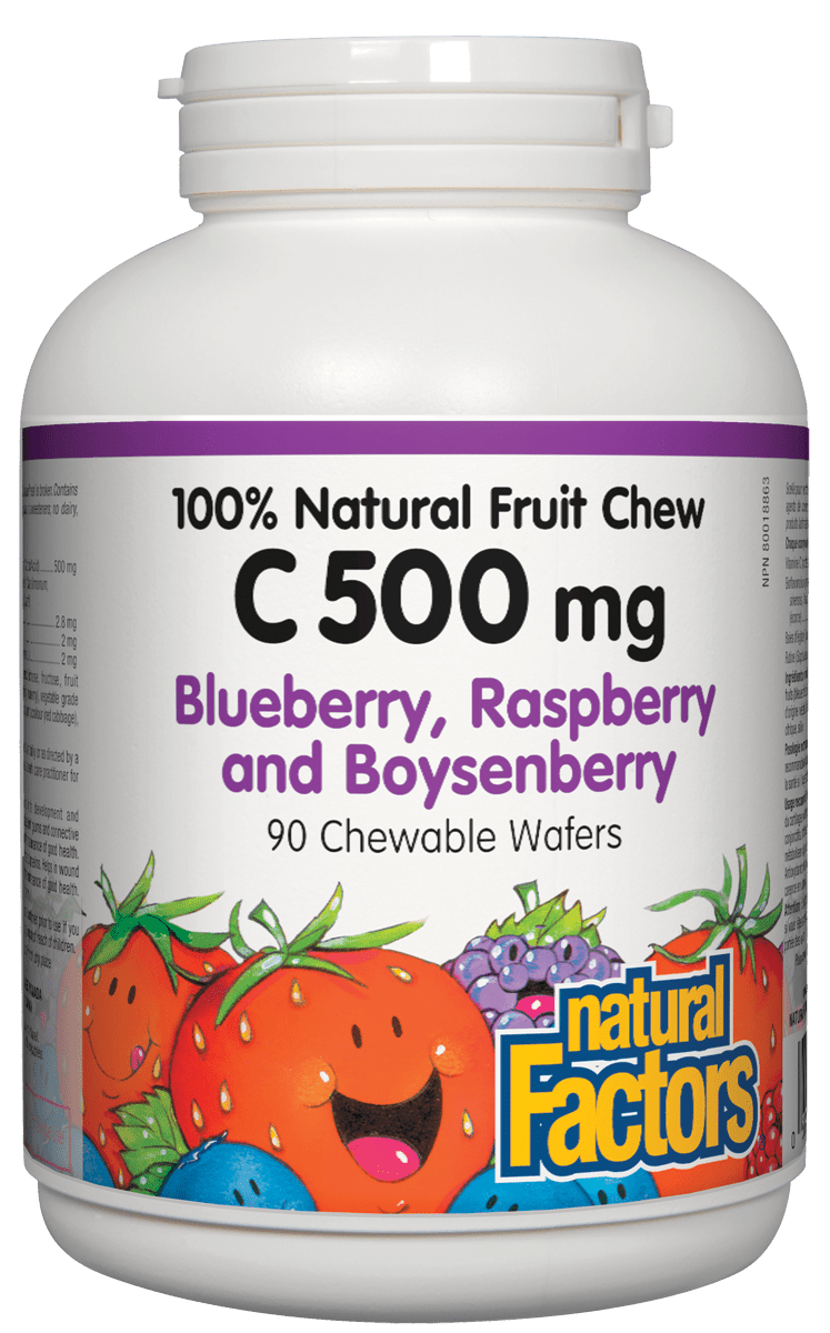 Natural Factors C 500mg Natural Fruit Chews - Blueberry, Raspberry and Boysenberry Flavour 90 Wafers