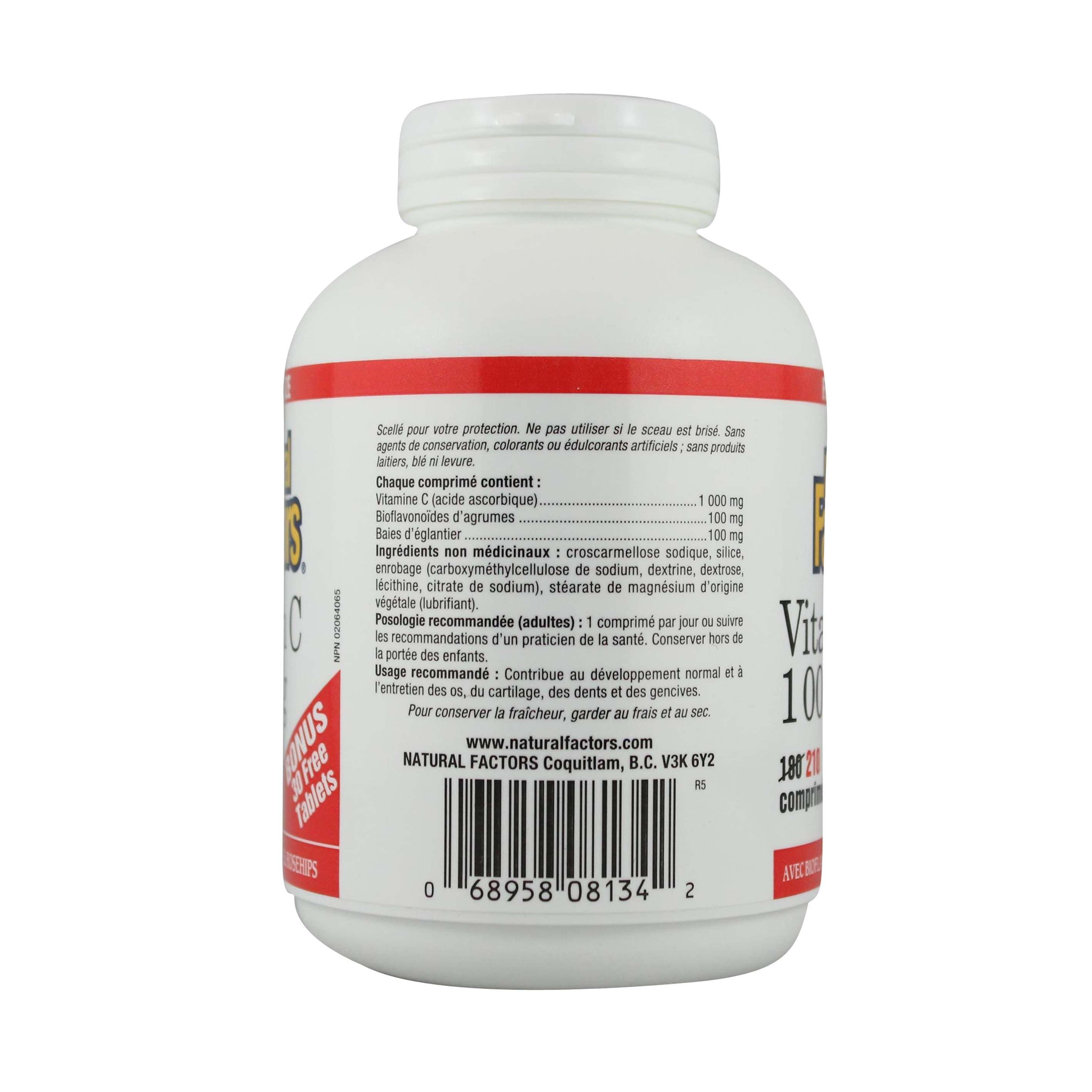 Natural Factors Vitamin C 1000 mg plus Bioflavonoids & Rosehips BONUS Size 210 Tablets