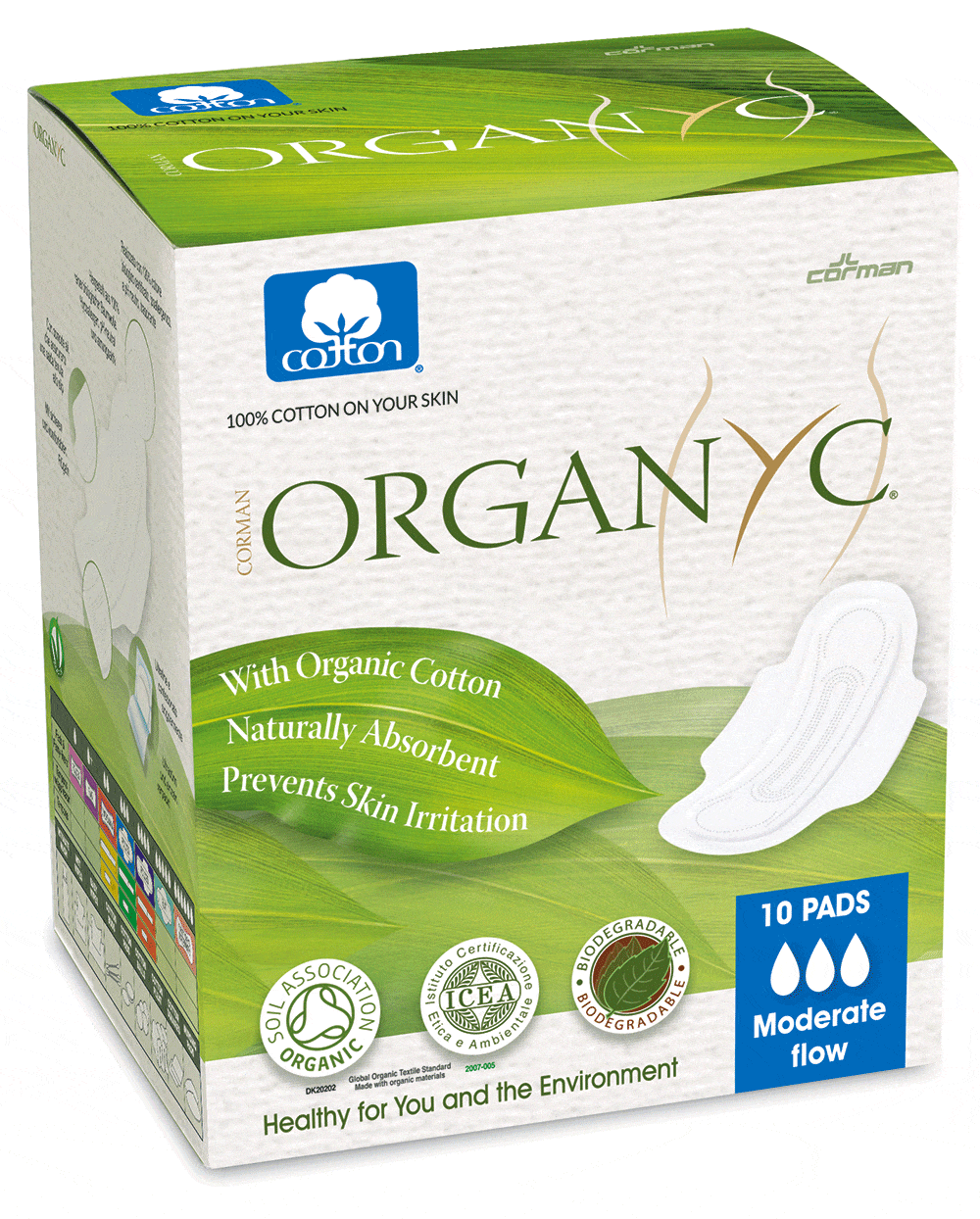 Organ(y)c Pads with Organic Cotton Moderate Flow with Wings Folded 10 Pads