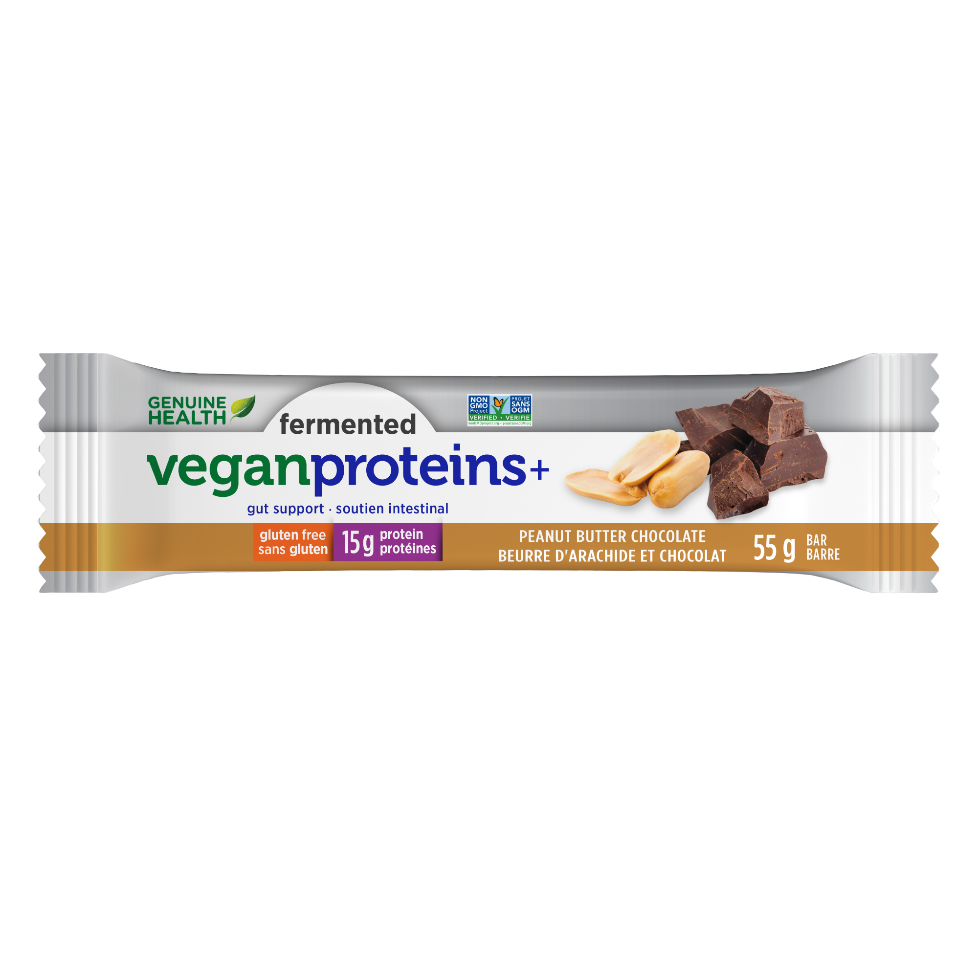 Genuine Health, Fermented Vegan Proteins Bar, Peanut Butter Chocolate, 660g (Box of 12 x 55g)