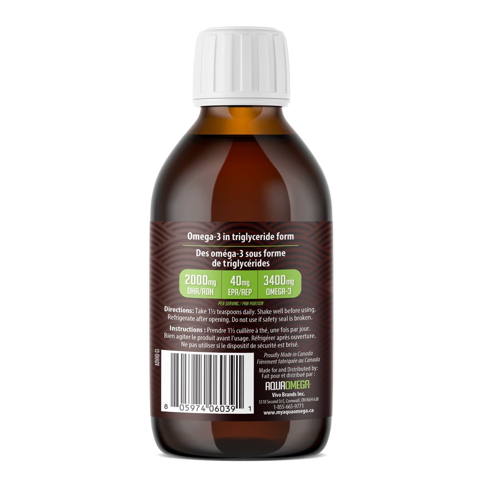 AquaOmega Plant-Based Omega-3 High DHA 3400 mg - Unflavoured (225 mL)