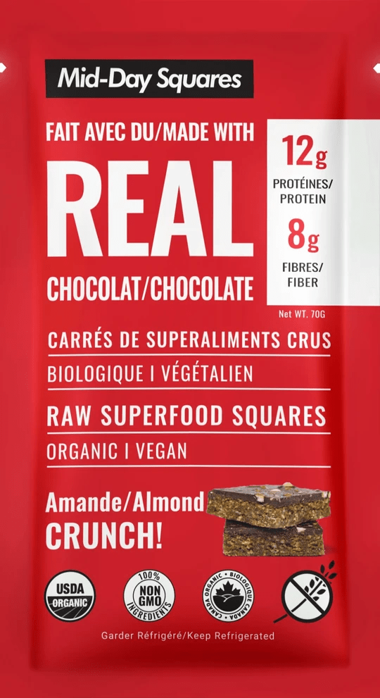 Mid-Day Squares, Functional Vegan Bar, Almond Crunch with Chocolate, 66g (Box of 12)