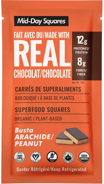 Mid-Day Squares, Functional Vegan Bar, Peanut Butta with Chocolate, 70g (Box of 12)