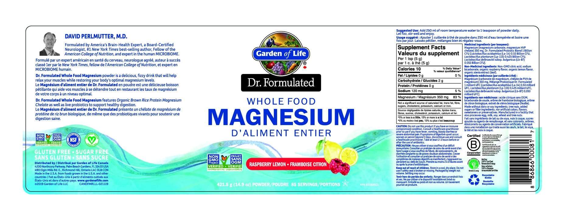 Garden of Life Dr. Formulated Whole Food Magnesium Raspberry Lemon 85 Servings