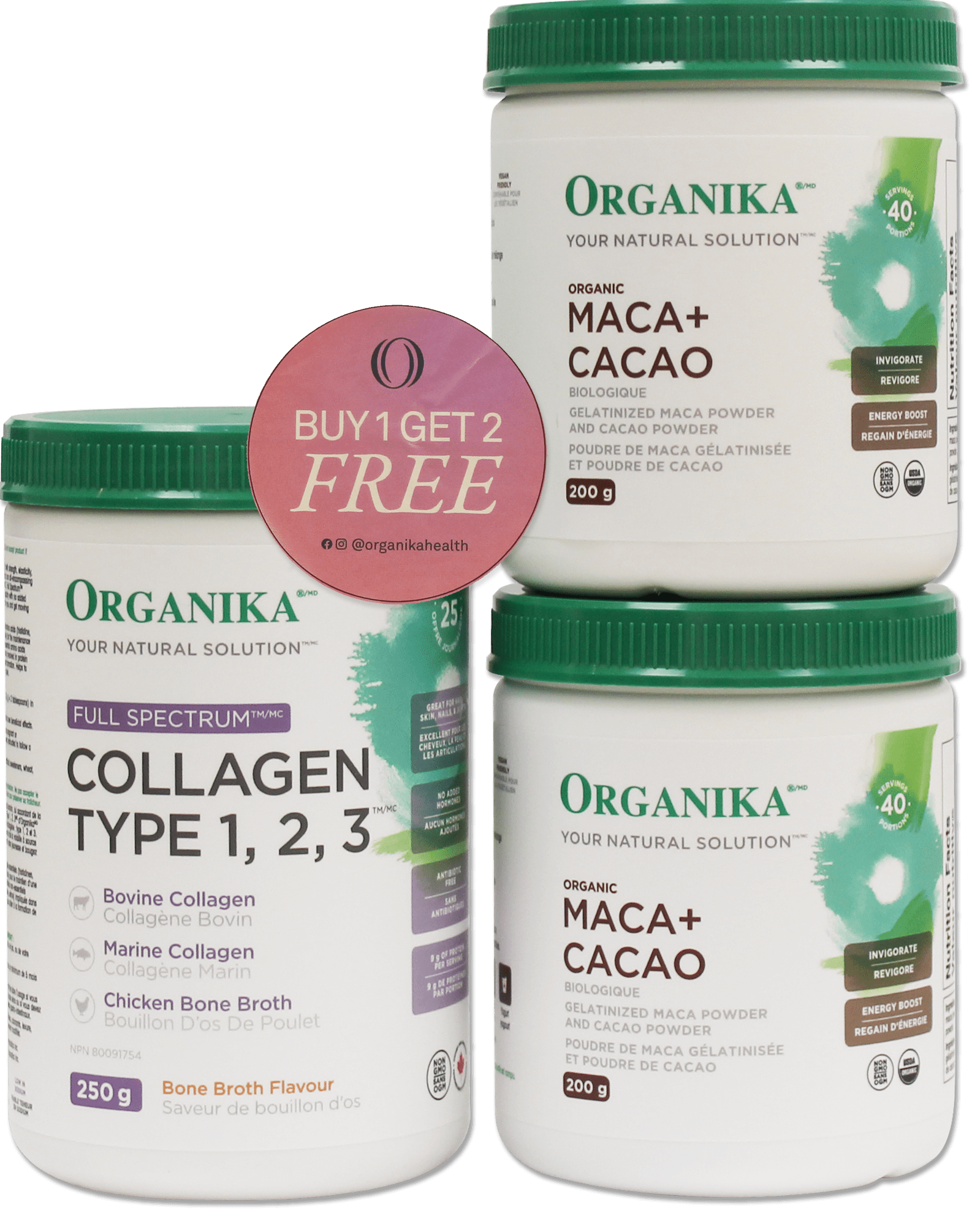 Organika Full Spectrum Collagen 1, 2, 3 Powder (2x FREE Maca + Cacao)- limited edition