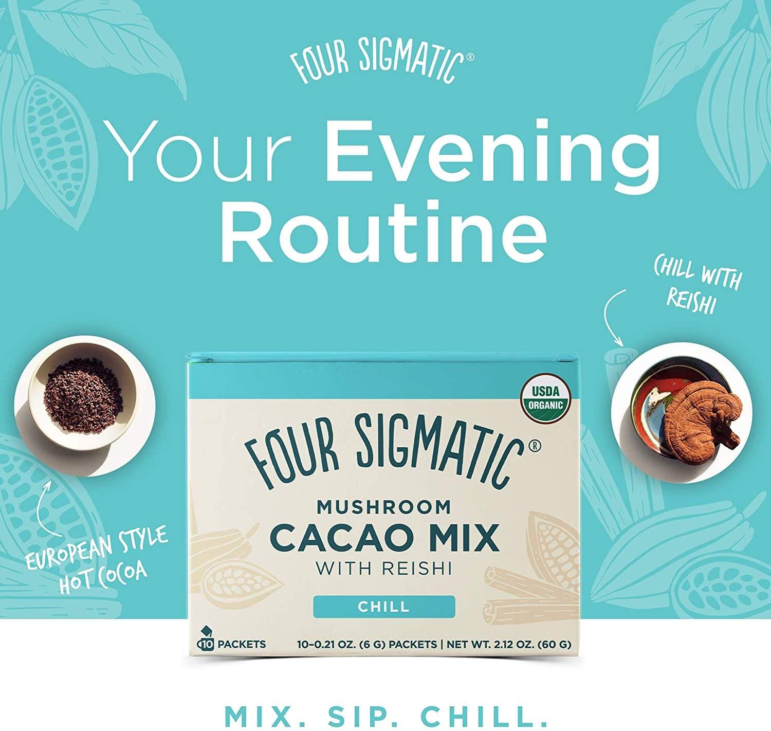 Four Sigmatic, Mushroom Cacao Mix with Reishi, 10 Packets, 6 g (0.21 oz) Each