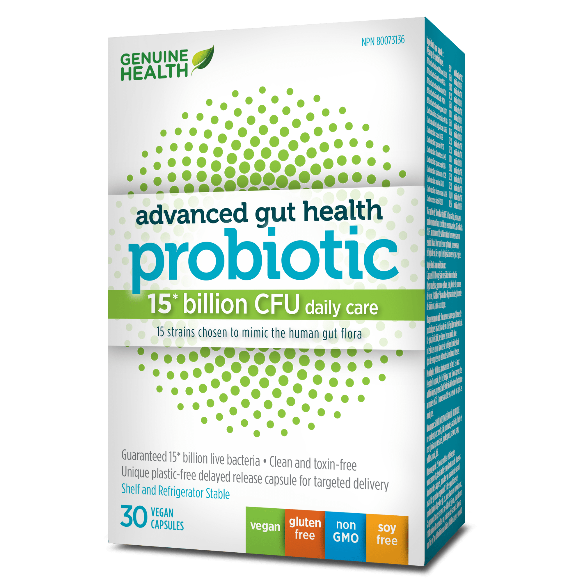 Genuine Health, Advanced Gut Health Probiotics, 15 Strains, 15 Billion CFU, 30 Vegan Capsules