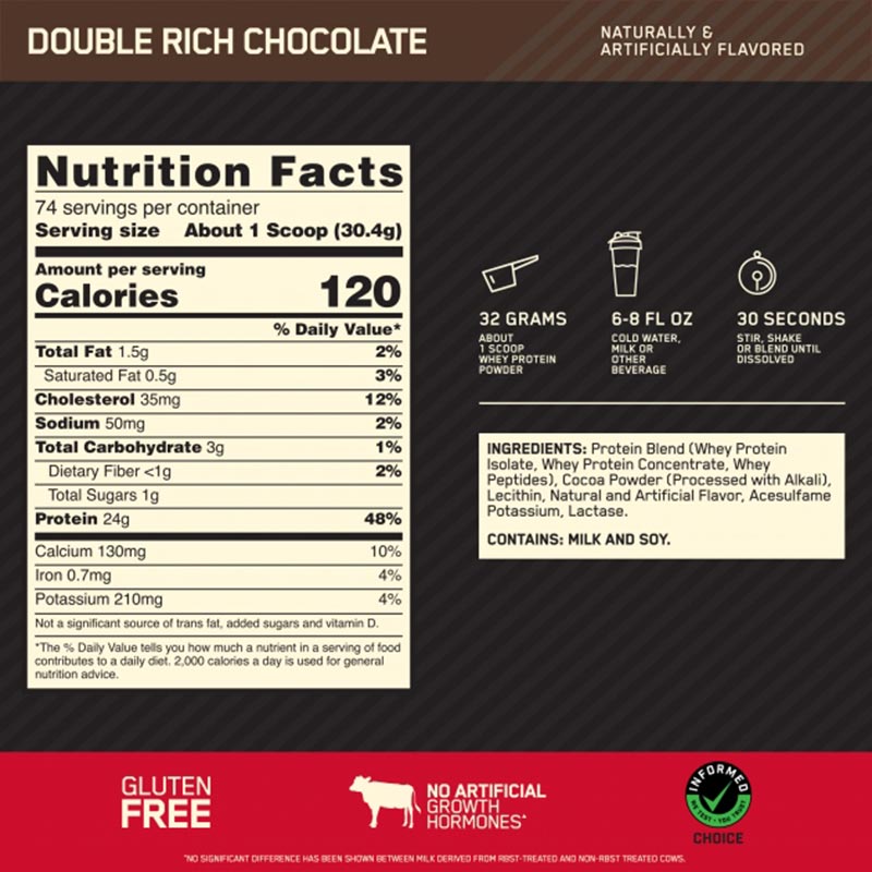 Optimum Nutrition, Gold Standard 100% Whey, Double Rich Chocolate, 2.27 kg (5 lbs)