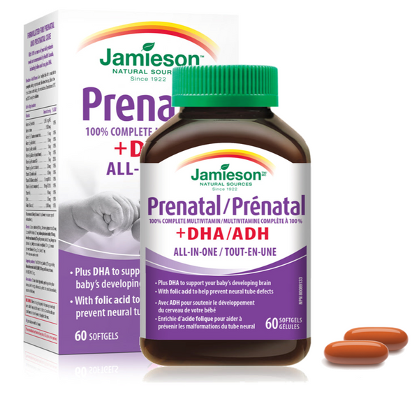 Jamieson, Prenatal 100% 종합 비타민제 +DHA, 올인원, 소프트젤 60정