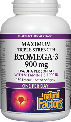 Natural Factors أقصى قوة ثلاثية RxOMEGA-3 مع فيتامين D3 1000 وحدة دولية، 150 كبسولة هلامية