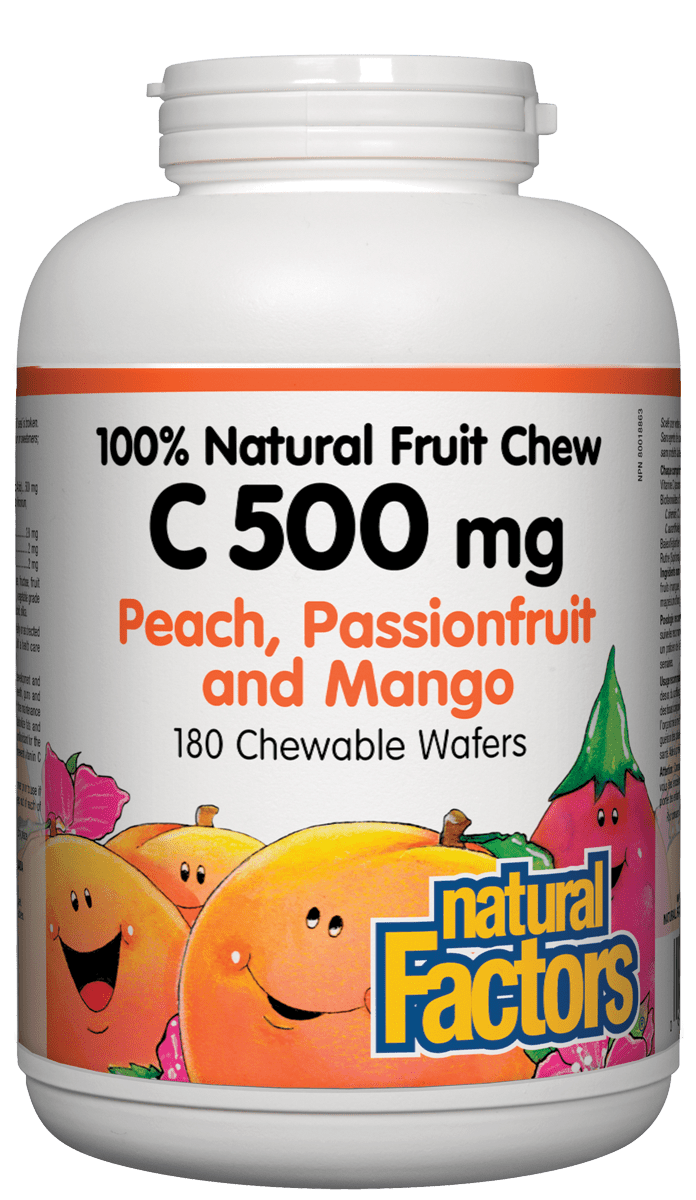 Natural Factors C 500mg Natural Fruit Chews - Peach, Passionfruit and Mango Flavour 180 Wafers