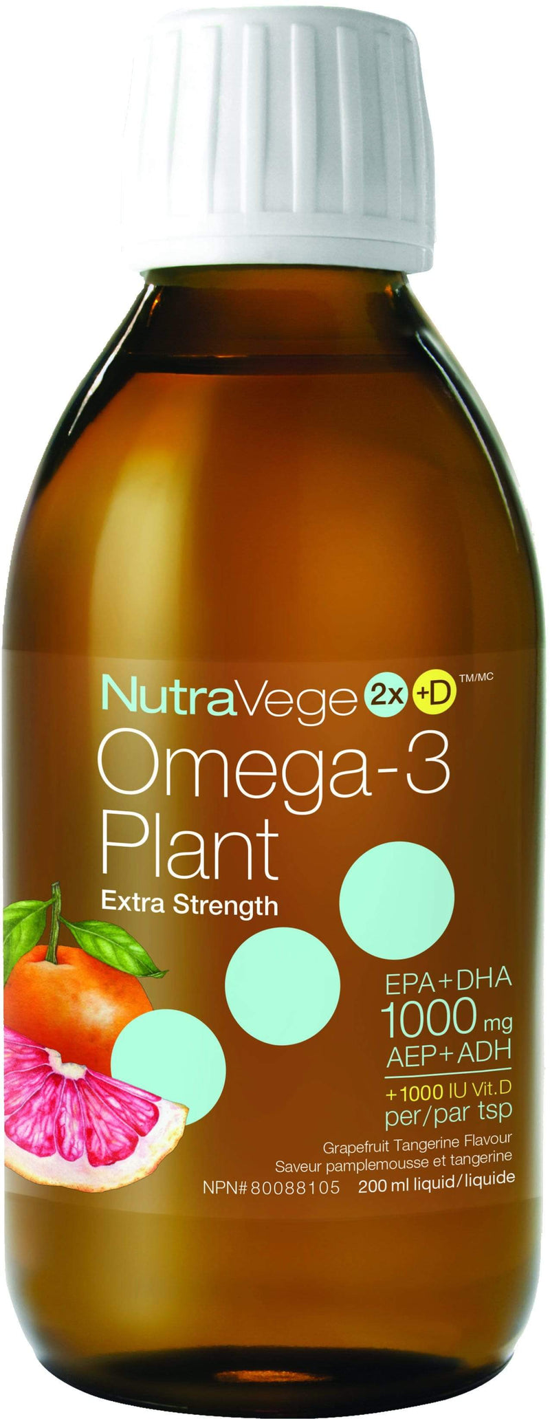 NutraVege2x+D 오메가-3 + 비타민 D 식물 엑스트라 스트렝스 - 자몽 귤(200 ml)