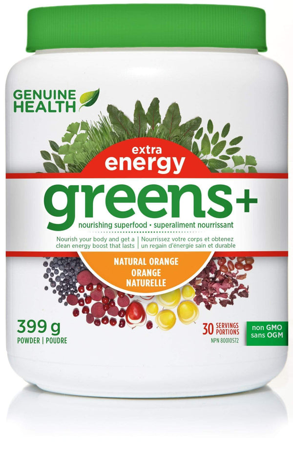 Genuine Health, Greens+, 엑스트라 에너지, 천연 오렌지, 399g