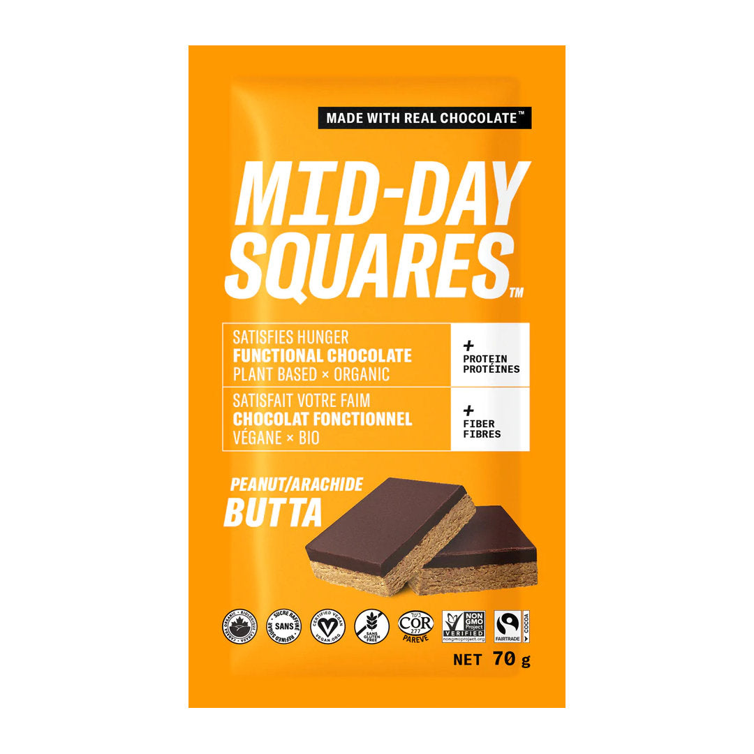 Mid-Day Squares, Functional Vegan Bar, Peanut Butta with Chocolate, 70g (Box of 12)