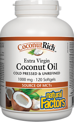 Natural Factors Coconut Rich Extra Virgin Coconut Oil Cold Pressed & Unrefined 1000 mg 120 Softgels