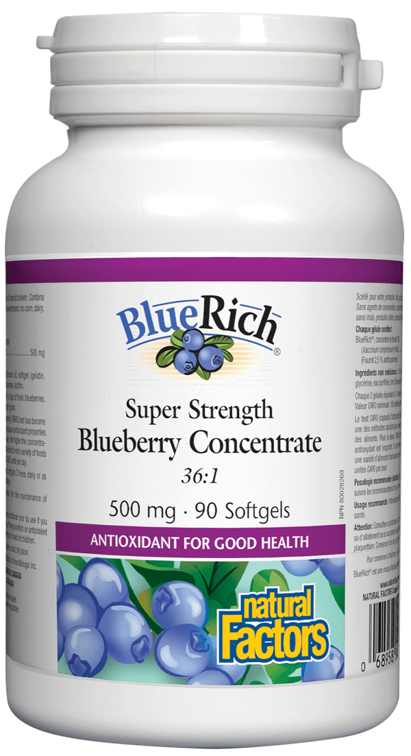 Natural Factors BlueRich'슈퍼 스트렝스 블루베리 농축액 500 mg 90 소프트젤