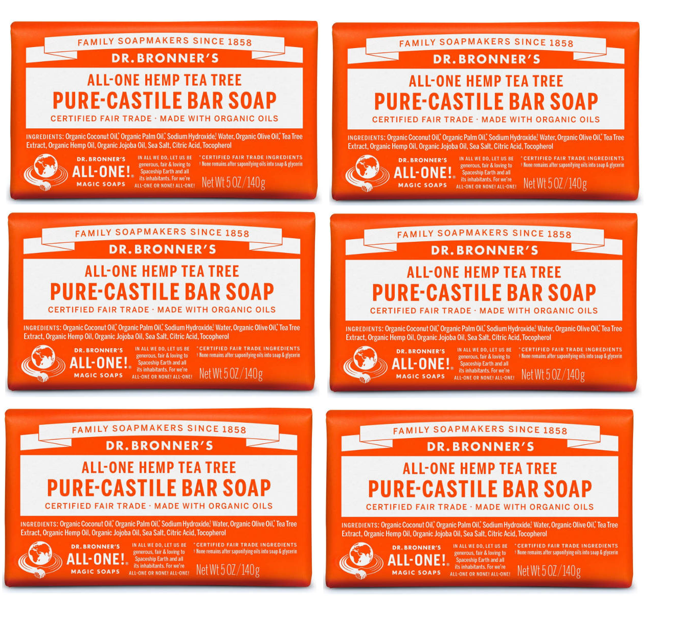 Dr. Bronner's, Pure-Castile Bar Soap, Tea Tree, Pack of 6 (140g X 6)
