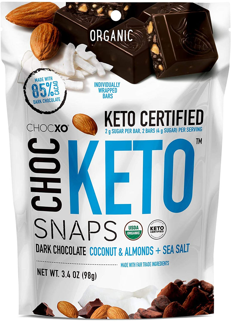 ChocXO Keto Snaps - شوكولاتة داكنة بجوز الهند واللوز + ملح البحر 