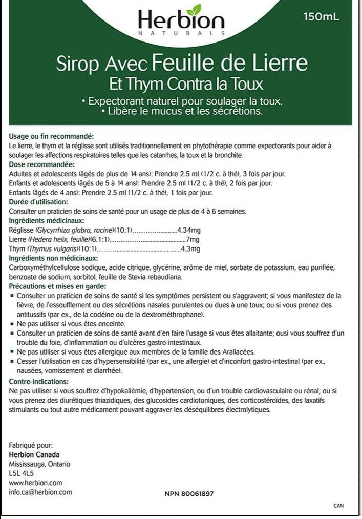 Herbion Naturals, Ivy Leaf Cough Syrup with Thyme, 150mL