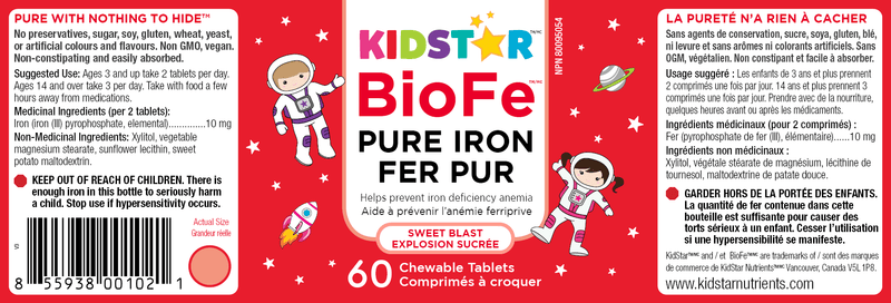 KidStar Nutrients BioFe Pure Iron (Sweet Blast) 60 Chewable Tablets