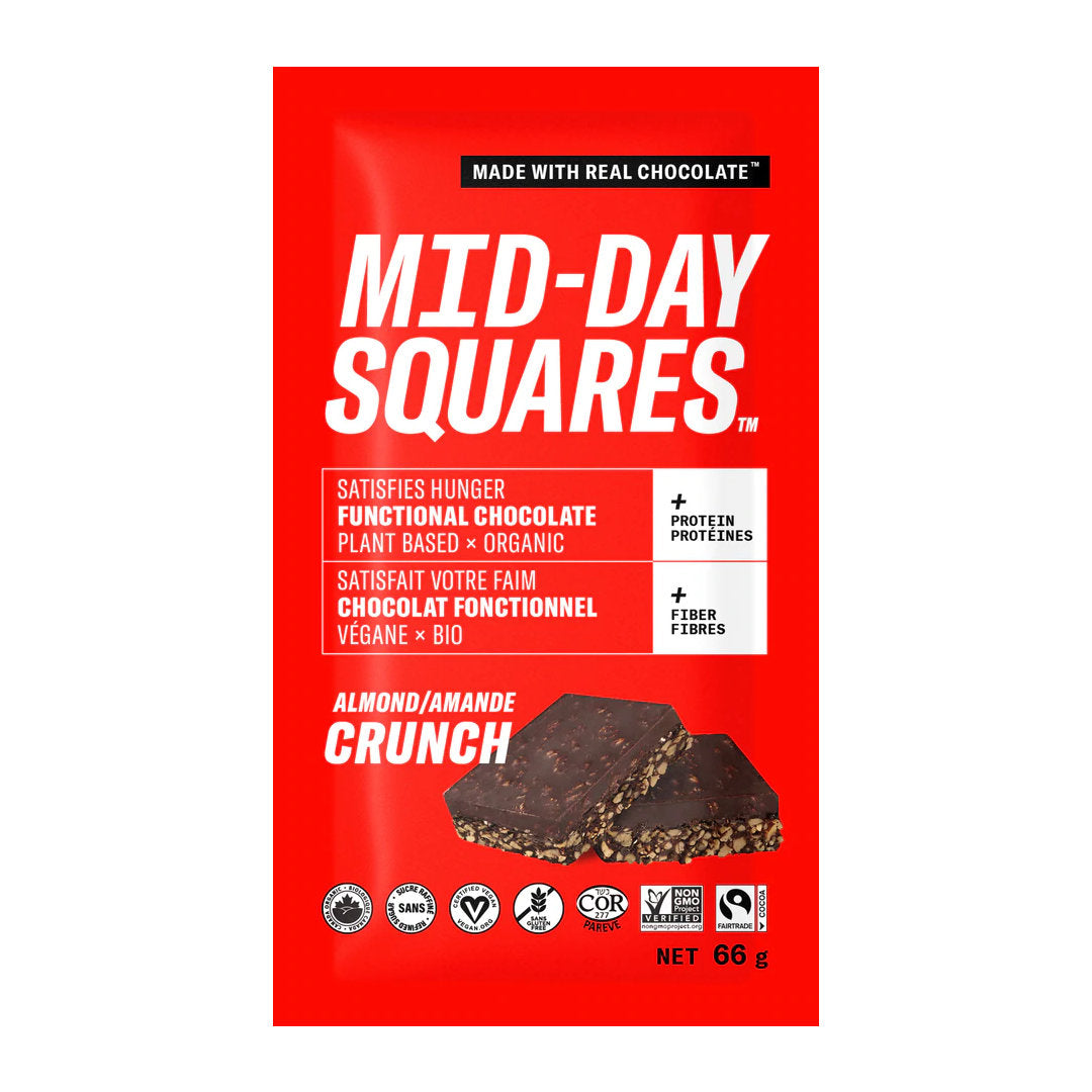 Mid-Day Squares, Functional Vegan Bar, Almond Crunch with Chocolate, 66g (Box of 12)