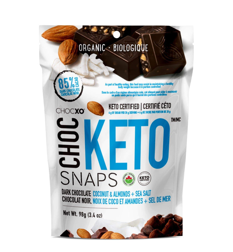 ChocXO Keto Snaps - شوكولاتة داكنة بجوز الهند واللوز + ملح البحر 