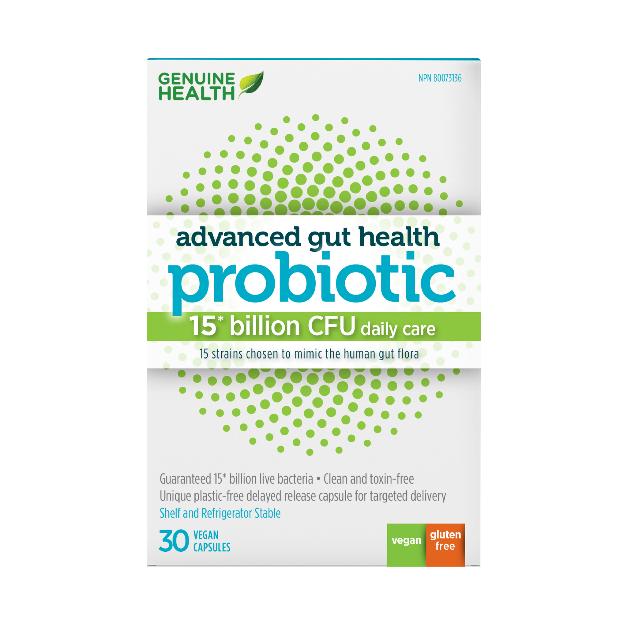 Genuine Health, Advanced Gut Health Probiotics, 15 Strains, 15 Billion CFU, 30 Vegan Capsules