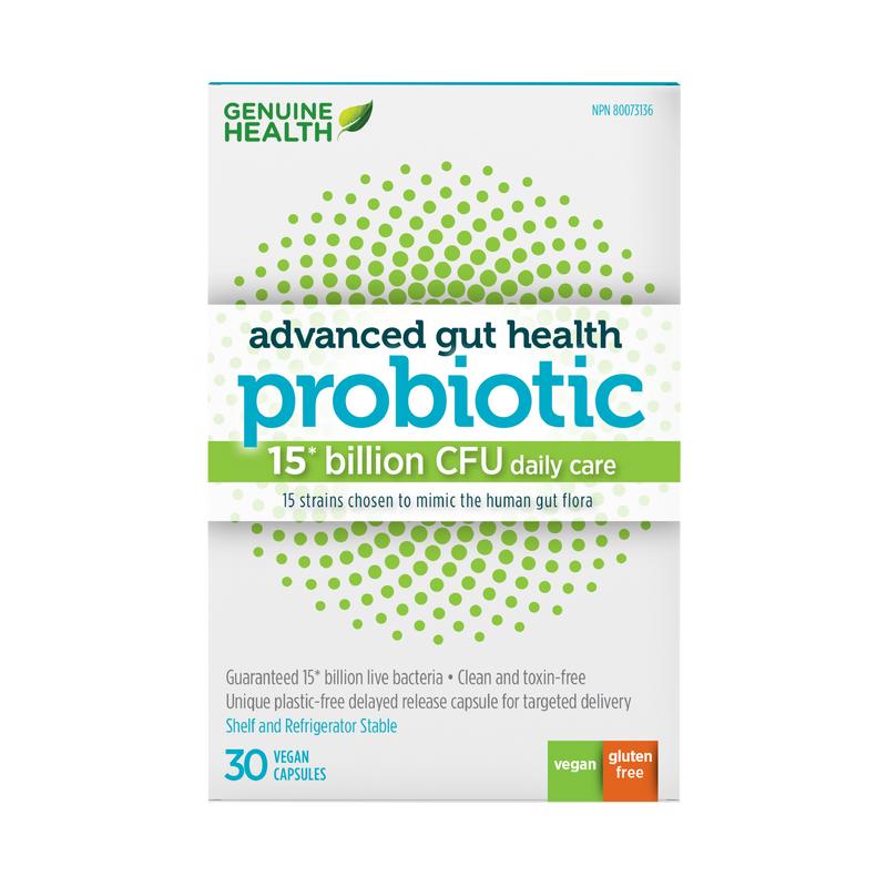 Genuine Health, Advanced Gut Health Probiotics, 15 Strains, 15 Billion CFU, 30 Vegan Capsules