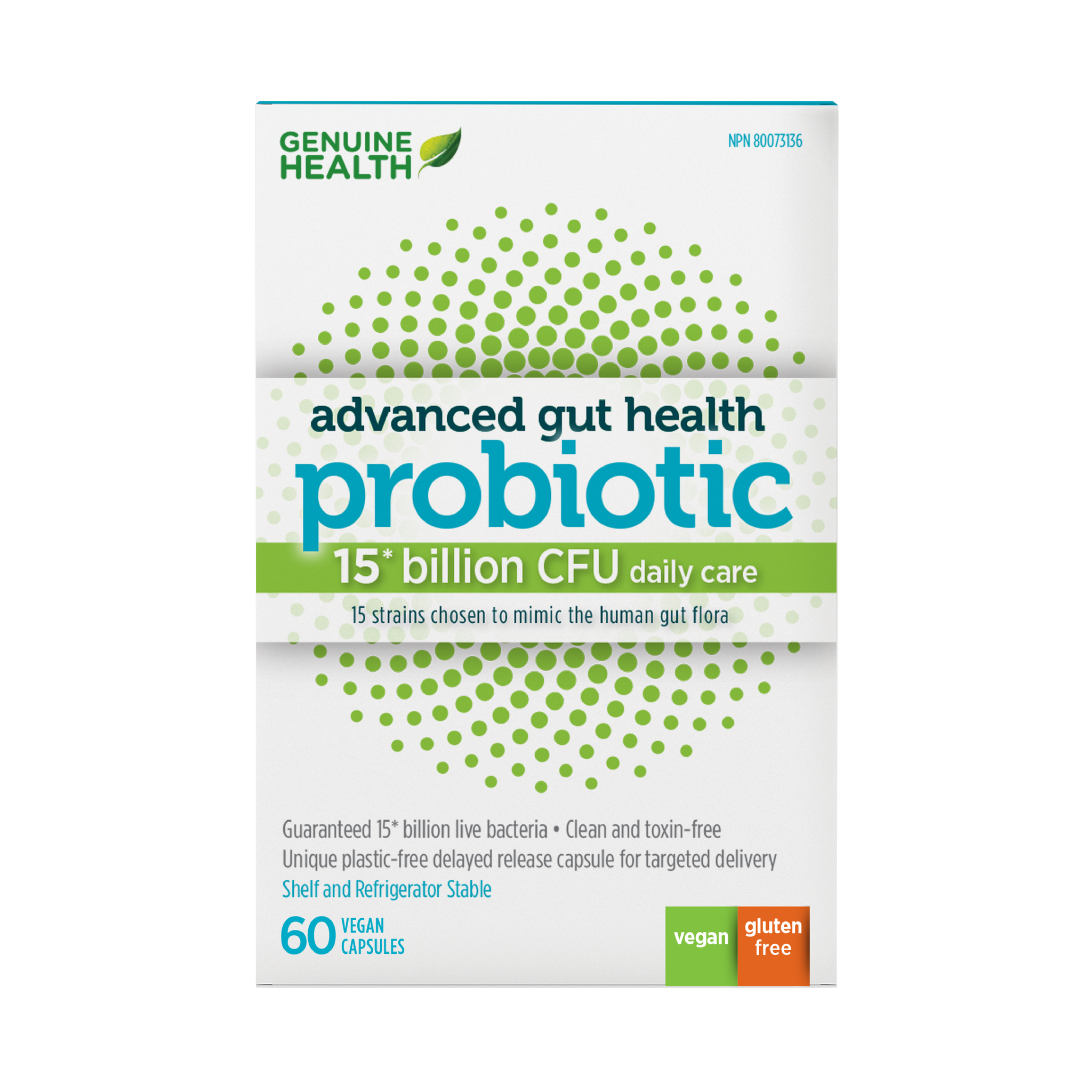 Genuine Health, Advanced Gut Health Probiotics, 15 Strains, 15 Billion CFU, 60 Vegan Capsules