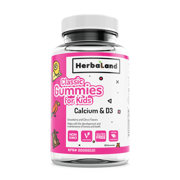 HerbaLand, Classic Gummies for Kids Calcium and D3, Strawberry and Citrus Flavour, 60 Gummies