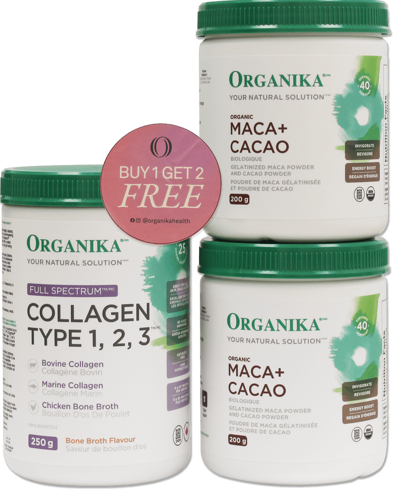 Organika Full Spectrum Collagen 1, 2, 3 Powder (2x FREE Maca + Cacao)- limited edition