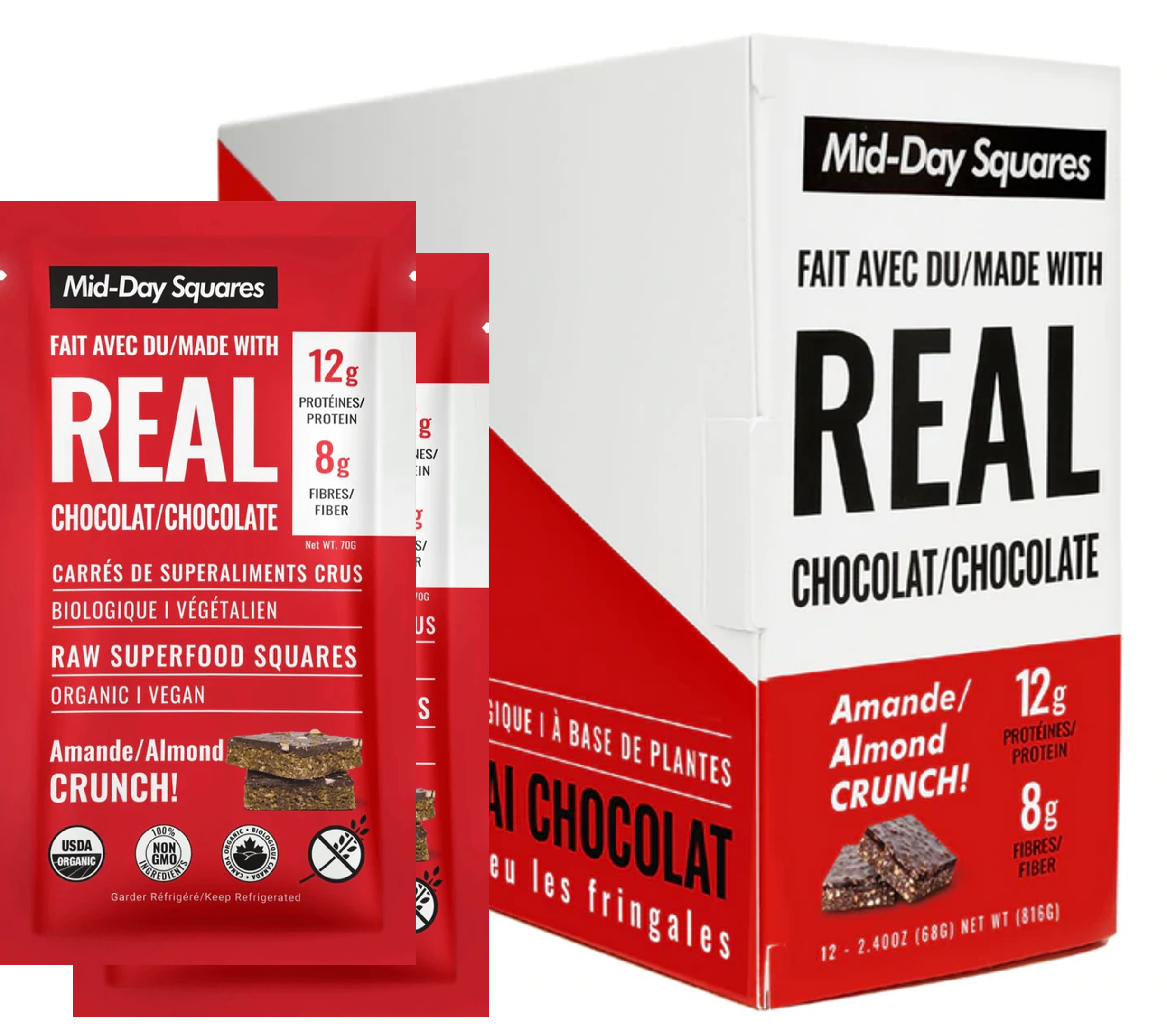 Mid-Day Squares, Functional Vegan Bar, Almond Crunch with Chocolate, 66g (Box of 12)