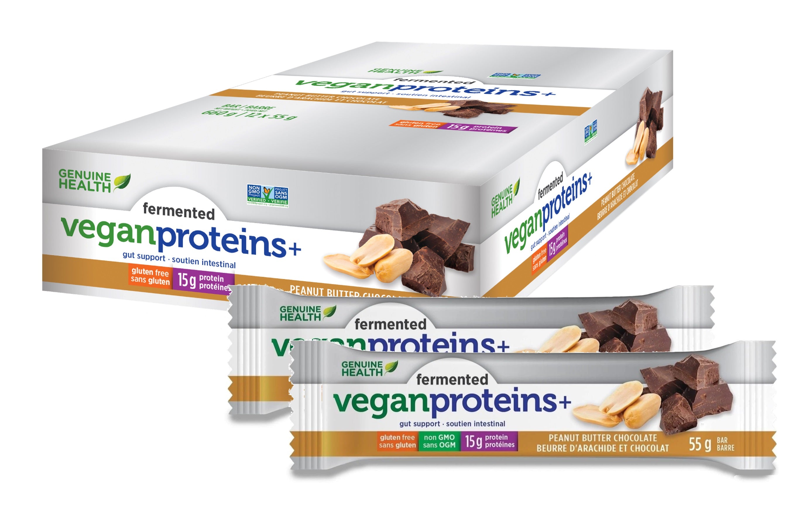 Genuine Health, Fermented Vegan Proteins Bar, Peanut Butter Chocolate, 660g (Box of 12 x 55g)