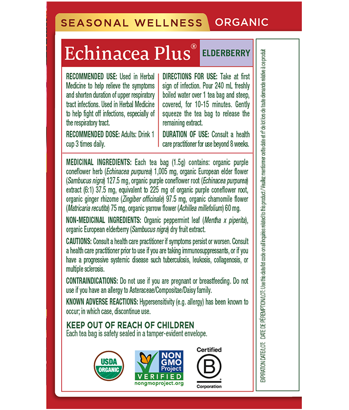 Traditional Medicinals, Organic Echinacea Plus®, Elderberry Tea, 16 tea bags, 24g