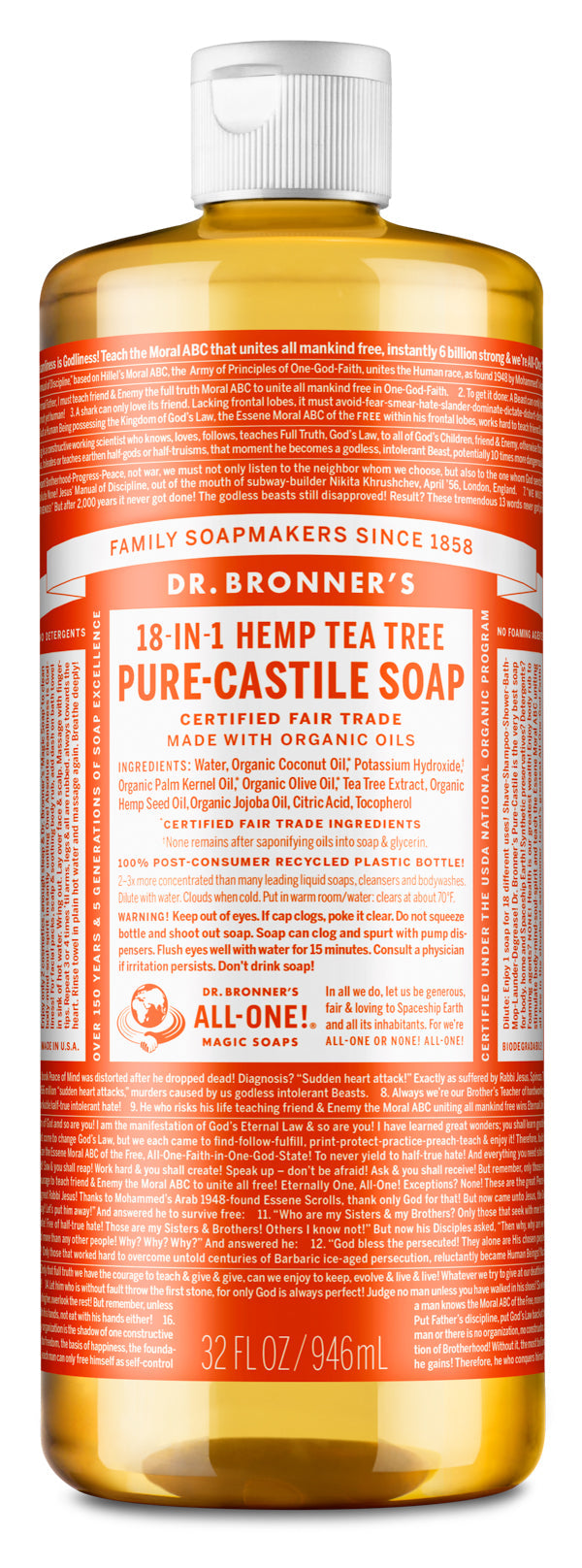 Dr. Bronner's, Pure-Castile Liquid Soap, Tea Tree, 946mL (32oz)