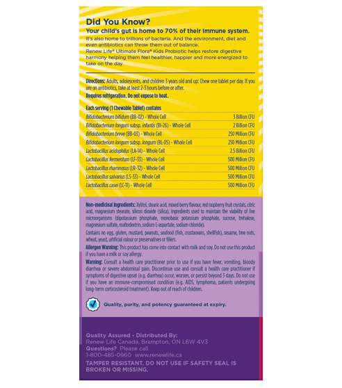 Renew Life Ultimate Flora Kids Probiotic 10 Billion Active Cultures 30 Chewable Tablets