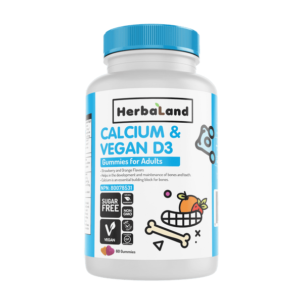 HerbaLand Calcium & Vegan D3 Gummies for Adults Strawberry & Orange Flavours 60 Gummies