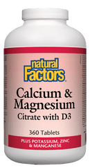 Natural Factors 칼슘 &amp; 마그네슘 구연산염, D3 플러스 칼륨, 아연, 망간 함유 360정