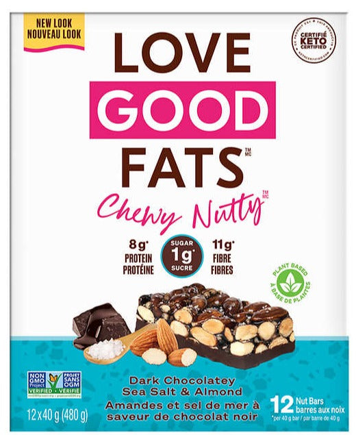 Love Good Fats, Chewy Nutty Bar, Dark Chocolatey Sea Salt & Almond, 12 x 40g (480g)