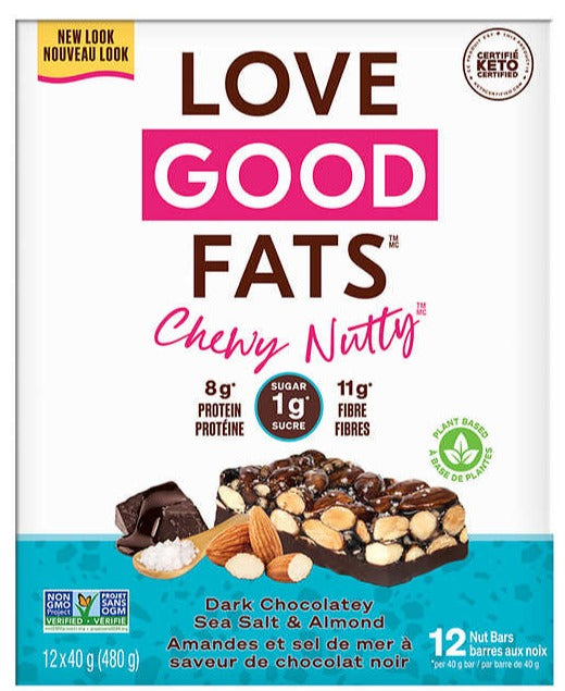 Love Good Fats, قالب جوز مطاطي، شوكولاتة داكنة وملح البحر واللوز، 12 × 40 جم (480 جم)