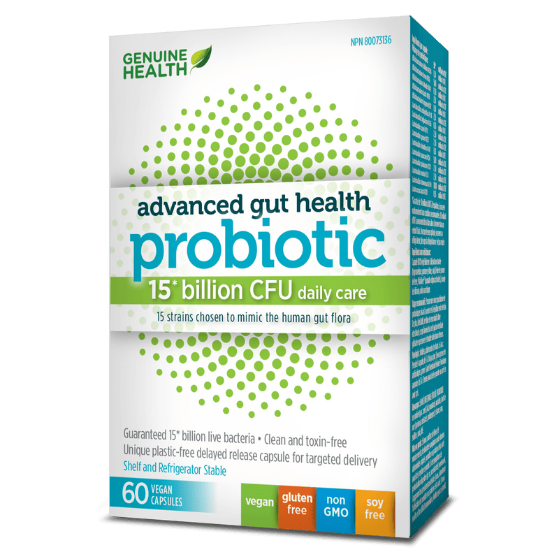 Genuine Health, Advanced Gut Health Probiotics, 15 Strains, 15 Billion CFU, 60 Vegan Capsules