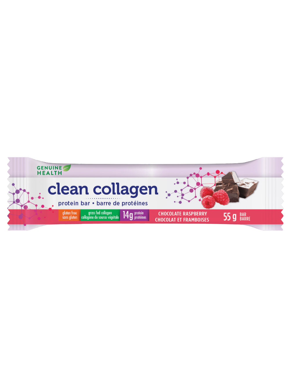 Genuine Health, Clean Collagen Bar, Chocolate Raspberry, 440g (Box of 8 x 55g)